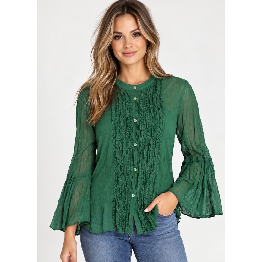 Have 2 Have 100% Silk Green Tuxedo Ruffle Bell Sleeve Blouse Small
